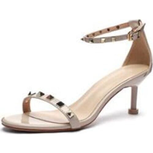 Sexy word buckle sandals women 2020 summer new Round Toe Flock Buckle Strap 6.5CM Thin High Heels women shoes size 35-42 rivet