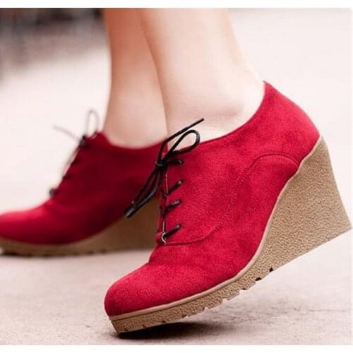 2021 Autumn Wedges Heels Fashion Flock Womens High-heeled Platform Wedges Ankle Shoes Lace Up High Heels Wedges Shoes for Women