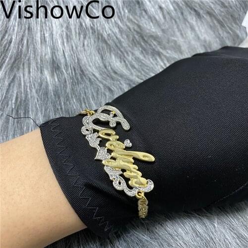 VishowCo Double Plate Name Bracelets Two Toned Name Bracelet Stainless Steel Cuban Chain Name Bracelet For Women Gifts