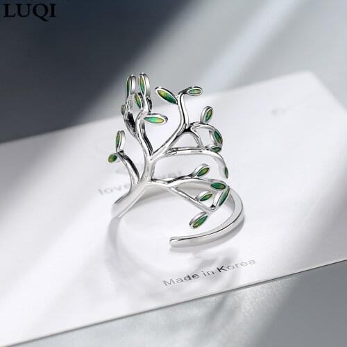 Womens Fashion S925 Silver Plated White Gold Fresh Green Leaf Branch Open Rings JZ344
