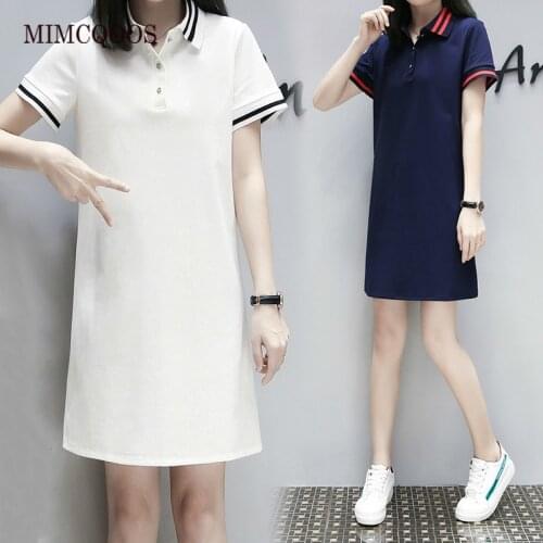 MIMCQOOS 2020 Women Polos T-shirt Dress Striped Short Sleeve Summer Elegant Dresses Female Casual Preppy Style Long Loose Tops