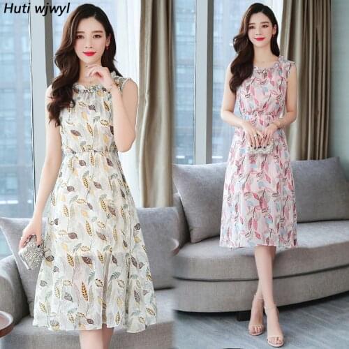 Summer New Print Chiffon Beach Midi Dresses 2021 Vintage Plus Size Sleeveless Boho Sundress Women Bodycon Elegant Party Vestidos