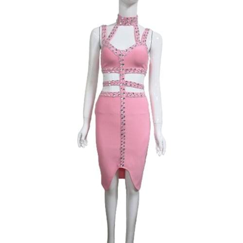 Pink Grey Black Beading Sexy Hollow Out Sleeveless Women Evening Party Dress Elegant Bandage Robe Casual Bodycon Vestidos 56421