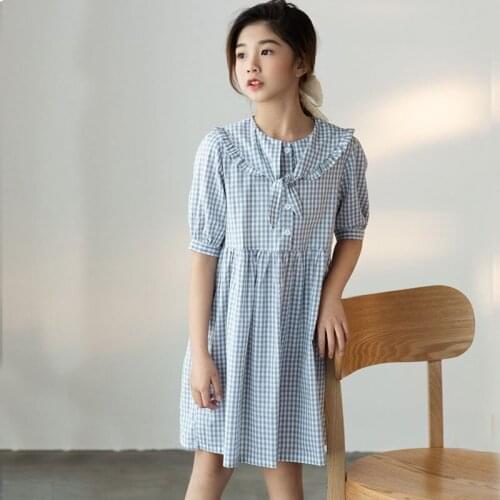 100% Cotton Big Girls Dress 2021 Summer New Children Clothing Kids Princess Party Dresses Short Sleeve Blue Teens Dress Fashion