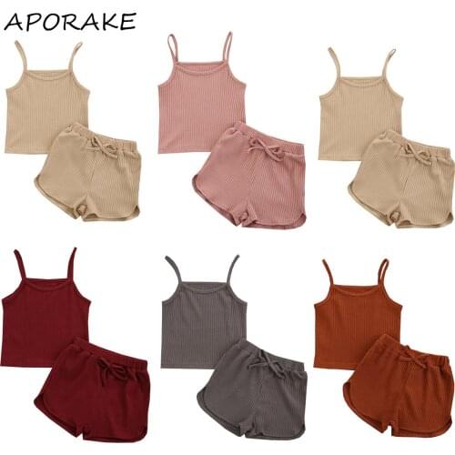 2021 2-7Y Summer Kids Baby Girl Clothing Set Solid Color Sleeveless Top Vest+Shorts Knitted Outfits 2pcs Set