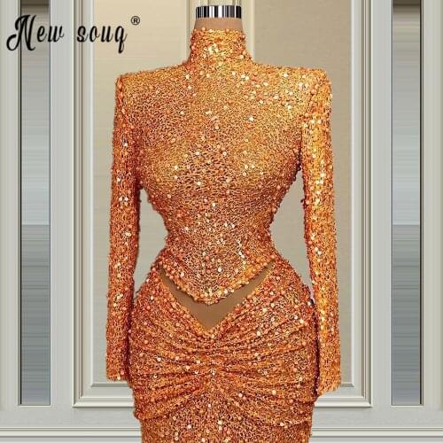 Glitter High Neck Long Sleeve Muslim Evening Dress Full Beaded Sequined Mermaid Prom Gowns Floor Length vestido de festa