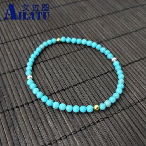Ailatu Natural Blue Howlite 4 mm Stone Bracelet Round Stainless Steel Beads Elasticity Rope Men Bangle Yoga Jewelry