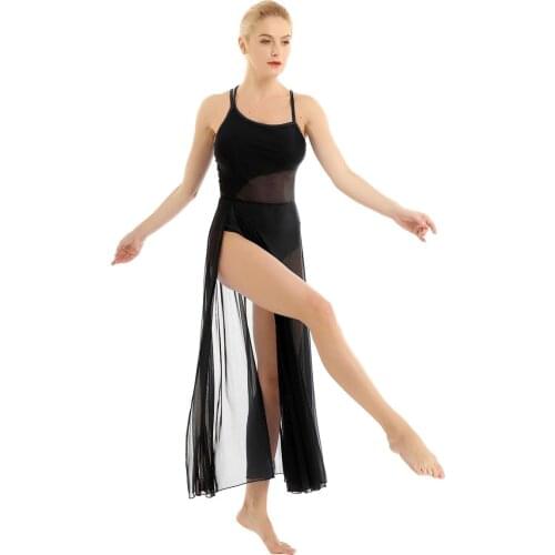 Women Asymmetrical Mesh Ballet Tutu Dress Long Dress Gymnastics Leotard Adult Lyrical Dance Wear Stage Performance Competition