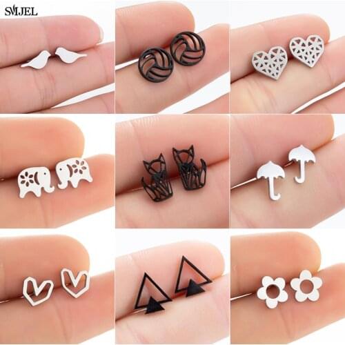 Stainless Steel Geometric Earrings for Women Girls Minimalist Jewelry Heart Bird Ghost Umbrella Cat Volleyball Earing Studs Gift