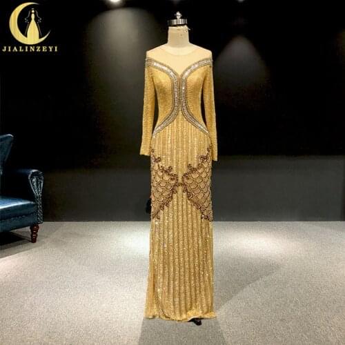 JIALINZEYI Real Picture Gold Beads And Crystal Long Sleeves Luxurious Floor Length Formal Dresses Party Evening Dresses