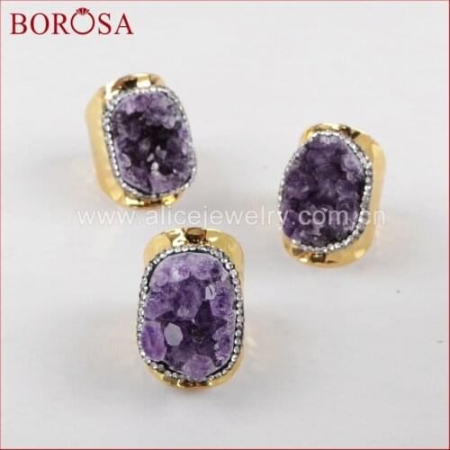 BOROSA 5pcs Raw Natural Purple Crystal Quartz Stone Bang Ring Gold Color Natural Crystal Adjustable Ring Gems for Women JAB592