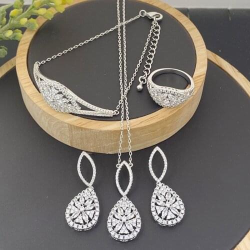Lanyika Fashion Jewelry Set Elegant Water Drop Micro Pave Necklace with Earrings, Bracelet and Ring for Woman Banquet Gifts