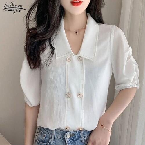 2020 Summer New Solid Color Puffed Sleeves Short Sleeve Chiffon Blouse White Tops Simple Elegant OL Tops Chemisier Femme 10290
