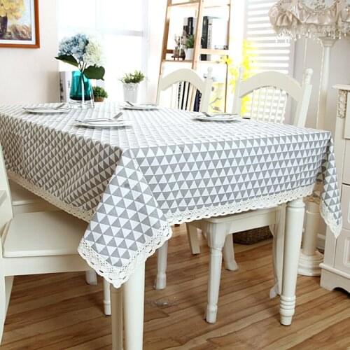 Linen Cotton Tablecloth Comfortable Fashion Plaid White Lace Hem Splice Washable Table Cloth for Coffee Dinner Wedding Banquet