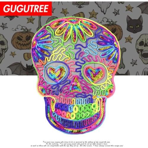 GUGUTREE Rope embroidery Sequins big skull patches love heart patches badges applique patches for clothing YYX-19121004