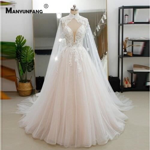 Real Photo Spaghetti Straps Embroidery Appliques Tulle Bridal Ball Gown Elegant V-Neck Sleeveless With Shawl Wedding Dress