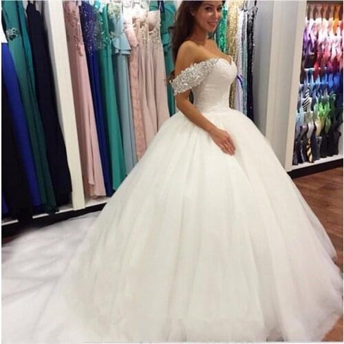 New Beads Crystal Off the Shoulder Sweetheart Lace Ball Gowns Wedding Dresses for Brides Puffy vestidos de mariage