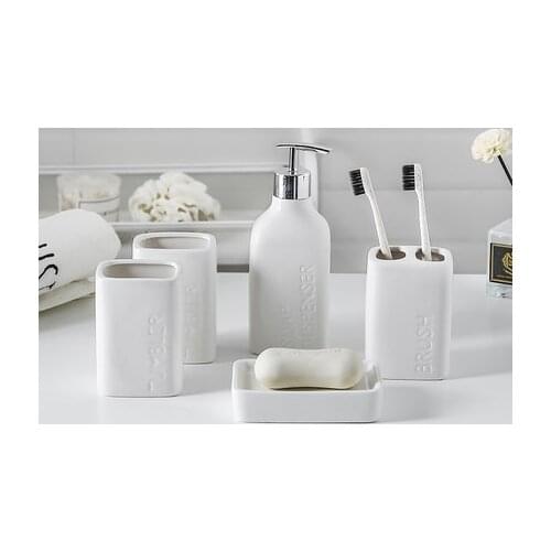 Wholesale Pure White Ceramic Bathroom Five-Piece Set European Washing Accessories Set Gargle Cup Toothbrush Holder Soap Disenser