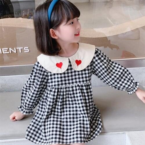 2021 Autumn Girls Long Sleeve Plaid Heart Dress Korean Style Fashion Peter Pan Collar Cotton Princess Dress Kids Clothes 1-8Yrs