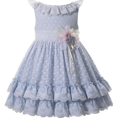 Pettigirl Ceremony Blue Girl Flower Girl Dresses Lace Collar Birthday Princess Dress Wholesale Sleeveless Kids Clothing