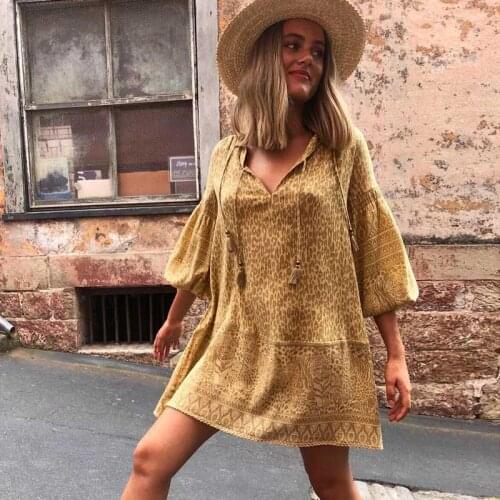Super Chic Tunic Dress Leopard Print V-neck Long Sleeve Summer Dresses Loose Gypsy Mini Dress Boho Dress for Women Vestidos