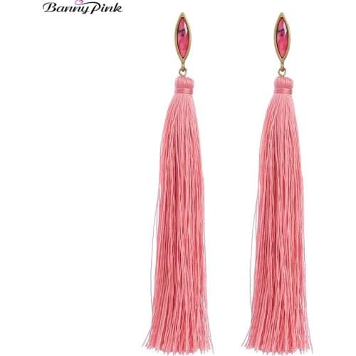 Banny Pink Bohemia Long Tassel Earrings Ethnic Cotton Fringe Stud Earrings Vintage Geometric Post Earring Pendant Earring Brinco