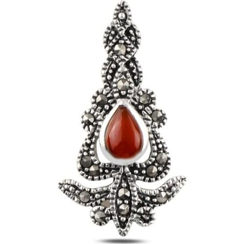 Silver 925 Sterling Red Agate & Marcasite Pendant