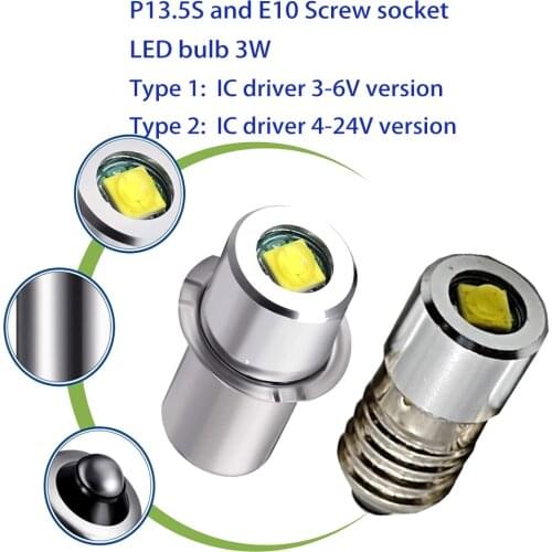 P13.5S E10 3W 3V 4.5V 6V 4-12V 18V 24V LED Lamp Bulb Flashlight Replacement Bulb Torch Emergency Light Bulbs Work 3-6 Cells