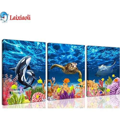 Sea Turtle Decoration Killer Whale Modura Colored Fish Coral Beach 5D DIY Diamond Full square Round Embroidery Painting Triptych