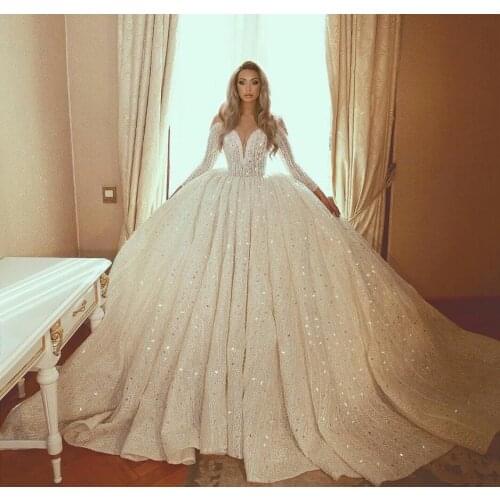 Gorgeous Ball Gown Wedding Dresses Lace Sequined Crystal V Neck Sweep Train Custom Made Long Sleeve Weeding Gowns Bridal Dress