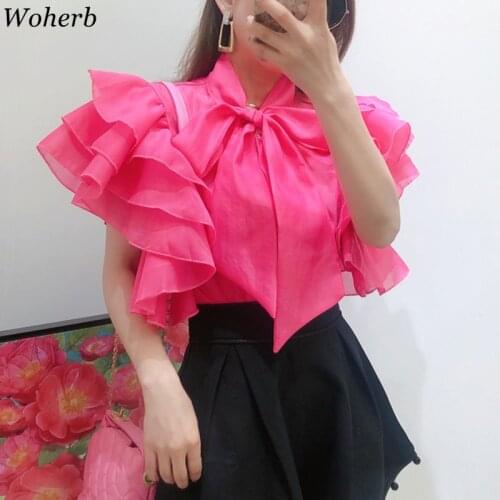 Woherb Women Blouse Ruffles Short Sleeve Shirt Office Lady Solid 2021 Summer Korean Streetwear Blusas Mujer Fashion Tops Vintage