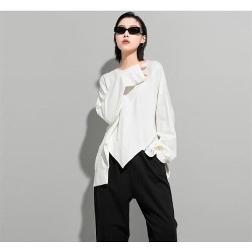 Ladies spring and Autumn new irregular personality zipper stitching loose bat sleeve long sleeve T-shirt