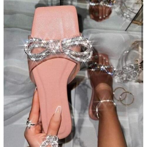 2021 Womens Slides Rhinestone Strip Flat with Summer Bling Party Shoes Woman New Pink Holiday Outside Beach Female Slippers