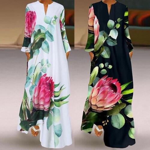 Easy to Wash Fabulous V Neck Long Dress V Neck Autumn Dress Floral Print for Going Out