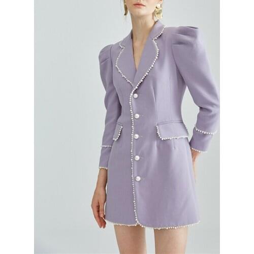 Fashion Elegant Pearl Lady Blazer Dress Single Breasted Pocket Beaded Coat Sweet Girl High Quality Custom Made Daily Casual Wear