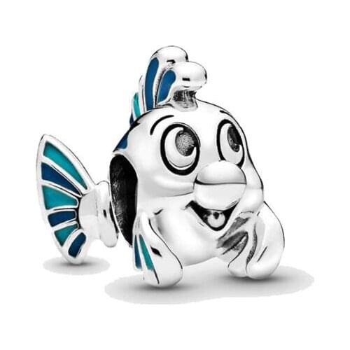 Genuine 925 Sterling Silver Bead Diney The Little Mermaid Flounder Charm Fit Pan Bracelets & Necklace Women Diy Jewelry