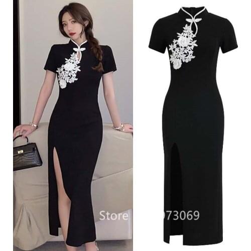 Elegant Cheongsam for Women Traditional Chinese Style Qipao Lady Summer Sexy Split Dress Black Embroidery Vintage Evening Party
