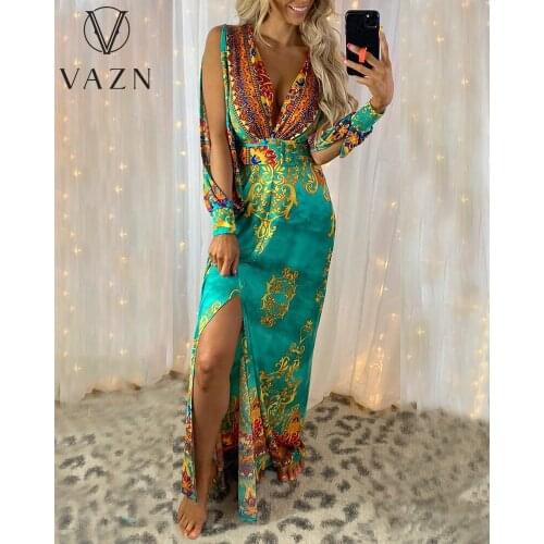 VAZN 2021 Party Cocktail Pleated Boho Style Print Dress Women Elegant Fashion Dress Slim Dress Club Birthday Shinny Dress