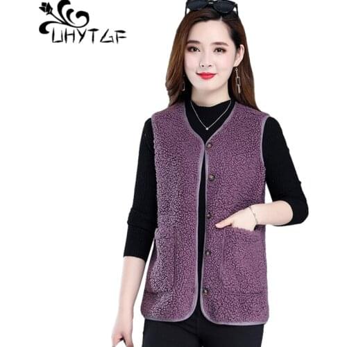 UHYTGF Sleeveless Jacket Women Fashion Lambswool Casual Warm Winter Fur Vest Female Single Breasted 6XL Plus Size Waistcoat 1219