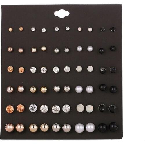 30Pairs Classic Ball Simulated-pearl Stud Earrings Set Korean Fashion Womens Kids Crystal Statement Earrings Lot Mix