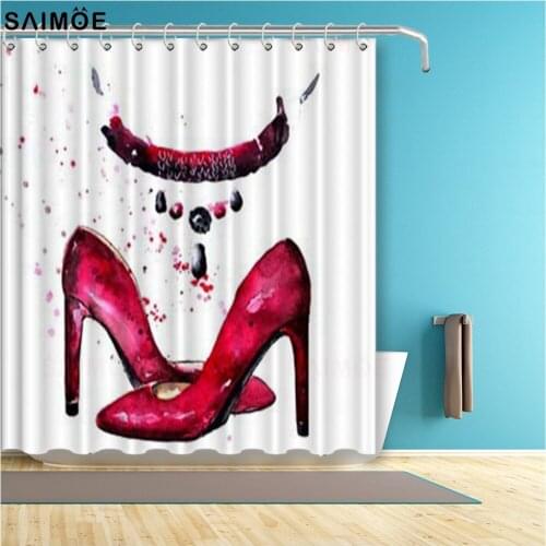 Watercolor Red High Heel Bathroom Curtain Women Dressing Waterproof Shower Curtain Polyester Fabric Bath Curtain Shower Sets