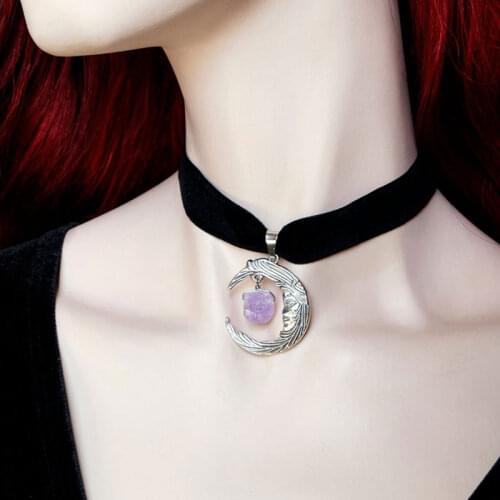 Velvet Choker, Moon Choker, Stone, Big Moon Pendant, Crescent Moon, Thick Choker, Witch Jewelry