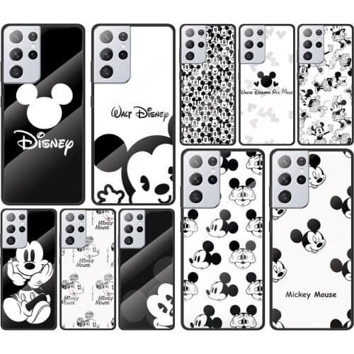 Mickey black and white for Samsung Galaxy S21 Ultra Plus A72 A52 4G 5G M51 M31 M21 Luxury Tempered Glass Phone Case Cover