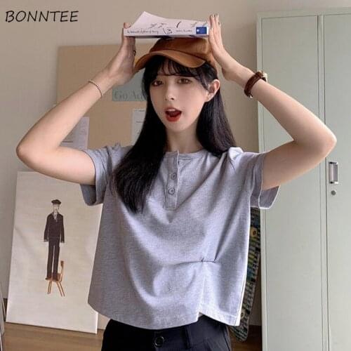 T-shirts Women Buttons Preppy Style Summer Solid Color O-neck Girls All-match Street Workout Female Crop Tops Korean Chic Casual
