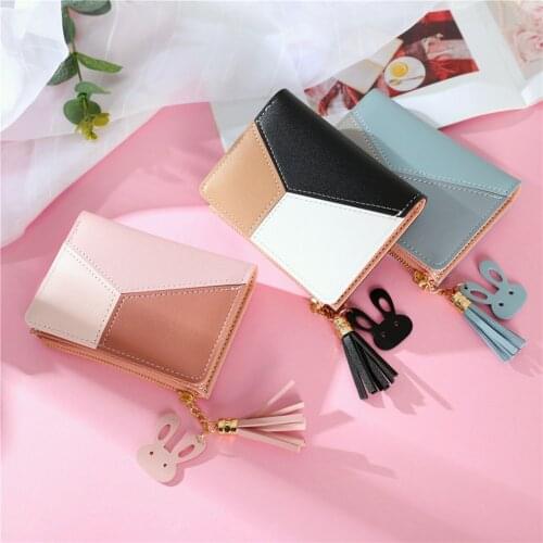 Geometric Womens Wallet Cute Pink Small Pocket Purse Card Holder Patchwork Wallet Female Short Coin Purse Money Bag Rabbit Pend