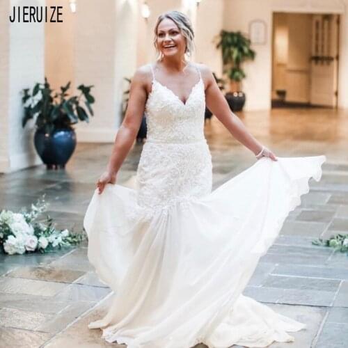 JIERUIZE Elegant White Mermaid Wedding Dresses Spaghetti Straps V Neck Backless Lace Appliques Wedding Gowns Vestido de novia