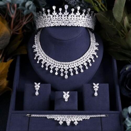 Accking luxury Elegant Shape Bridal CZ necklace earrings bracelet ring tiara 5pcs Big Wedding Jewelry Sets For Bride Dubai