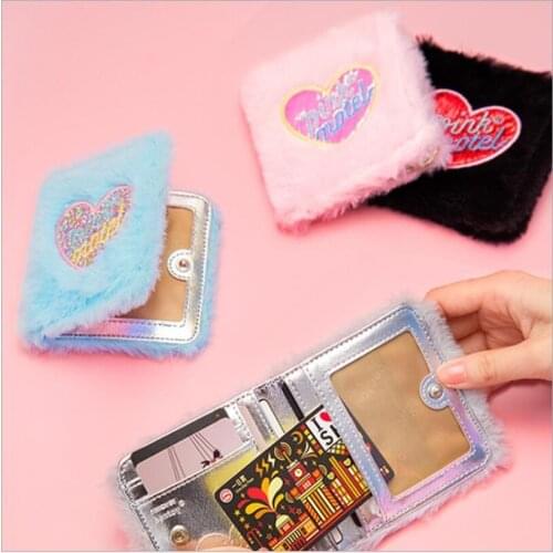 Pink Short Wallet Embroidery Flannel Girls Purse Candy Color Soft Moon Clutch Hasp Heart Women Notecase Money Clips