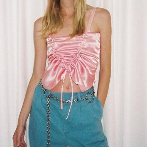 Satin Women Crop Top Spaghetti Strap Sleeveless Tops Solid Pink Ruched Drawstring Streetwear Summer Sexy Top Women Clubwear 2021