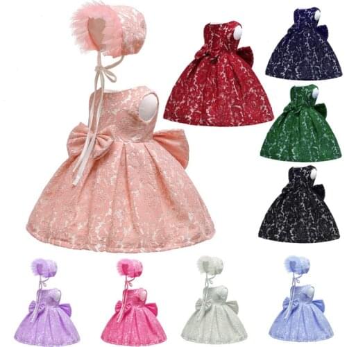 Baby Girls Lace Princess Dress 1st 2st Birthday Party Dress Big Bowknot Newborn Christening Gown Toddler Kid Clothing with Hat